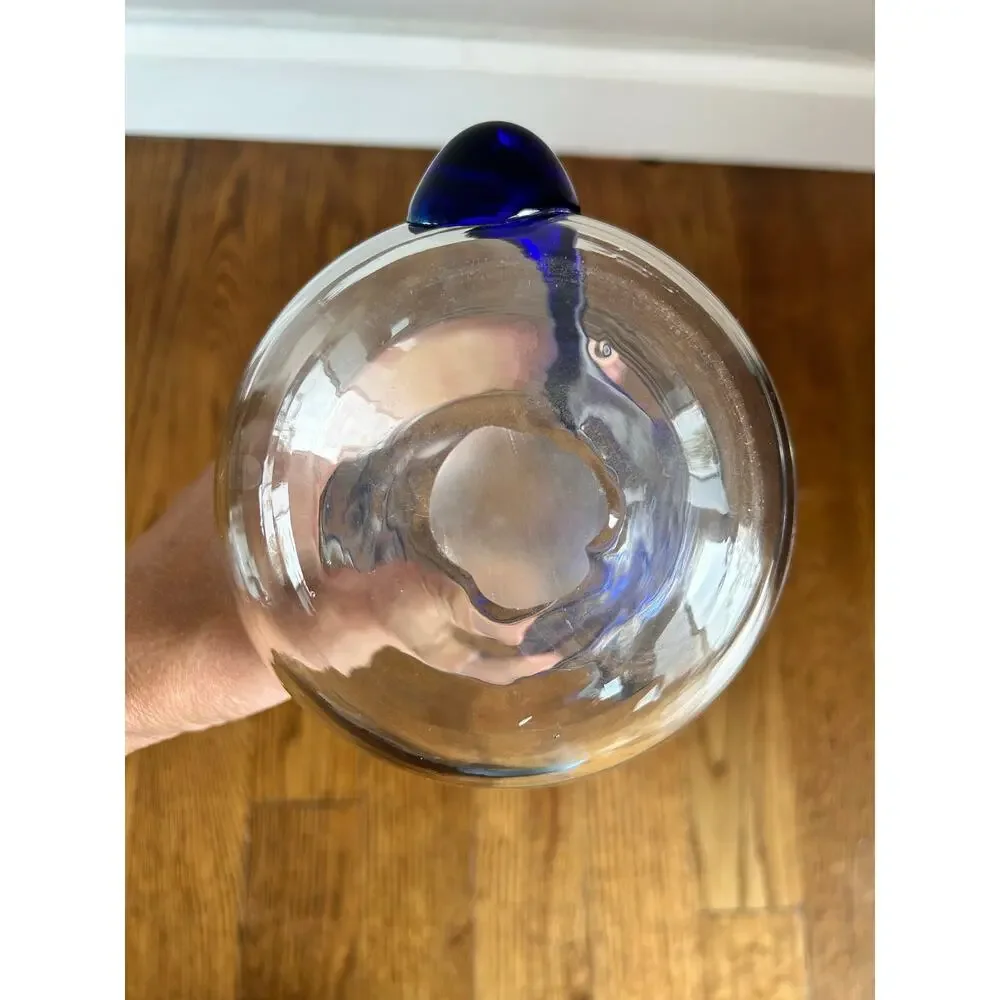 Vintage Blenko Glass Vase Cobalt Blue Applied Swirl Clear Art Glass 7